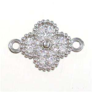 copper clover connector paved zircon, platinum plated, approx 7.5mm [FDZN8321-S]