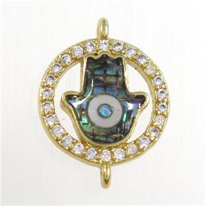 copper hamsahand connector paved zircon with abalone evil eye, gold plated, approx 12.5mm [FDZN8336]