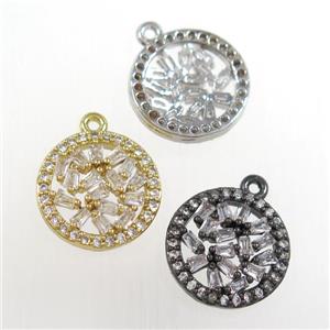 copper circle pendant paved zircon, mix color, approx 12.5mm dia [FDZN8344]