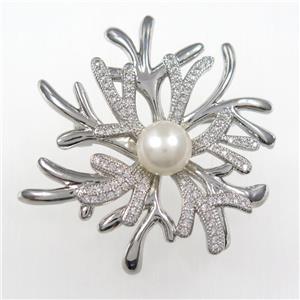 copper brooch paved zircon with pearl, platinum plated, approx 45mm dia [FDZN8361]