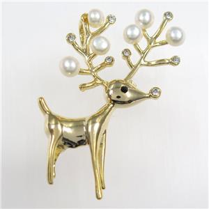 copper christmas Reindeer brooch paved zircon with pearl, gold plated, approx 6mm, 30-65mm [FDZN8364]