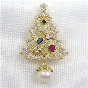 christmas tree copper brooch paved zircon, gold plated, approx 9mm, 30-38mm [FDZN8370]