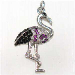 copper crane pendants paved zircon, platinum plated, approx 18-28mm [FDZN8376]