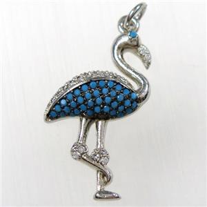 copper crane pendants paved zircon, turq, platinum plated, approx 18-28mm [FDZN8377]