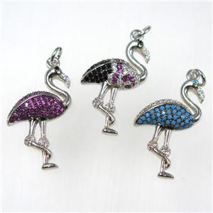 copper crane pendants paved zircon, platinum plated, mixed, approx 18-28mm [FDZN8378]