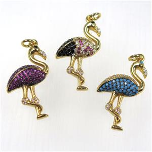 copper crane pendants paved zircon, gold plated, mixed, approx 18-28mm [FDZN8382]