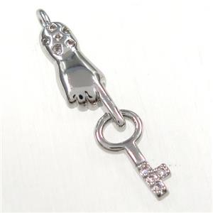 copper handkey pendants paved zircon, platinum plated, approx 6-27mm [FDZN8394]
