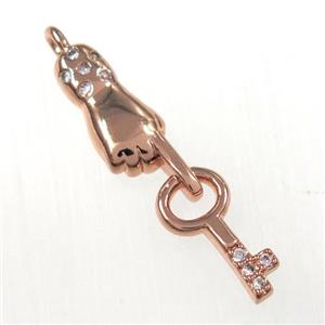 copper handkey pendants paved zircon, rose gold, approx 6-27mm [FDZN8395]