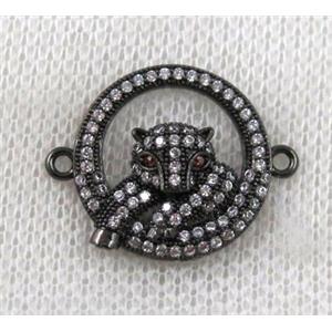 copper leopard head connector paved zircon, black plated, approx 18mm dia [FDZN843]