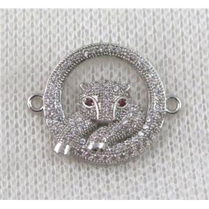 copper leopard head connector paved zircon, platinum plated, approx 18mm dia [FDZN845]