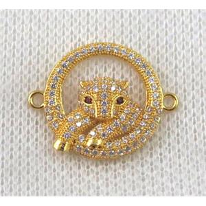 copper leopard head connector paved zircon, gold plated, approx 18mm dia [FDZN846]