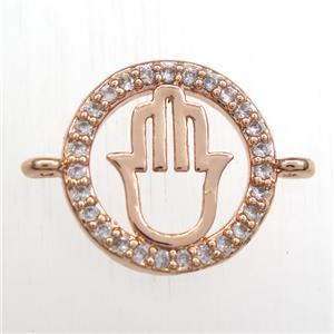 copper hamsahand connector paved zircon, rose gold, approx 14mm dia [FDZN8464]