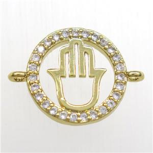 copper hamsahand connector paved zircon, gold plated, approx 14mm dia [FDZN8466]