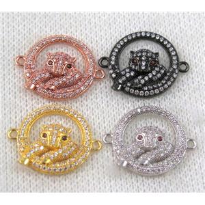 copper leopard head connector paved zircon, mix color, approx 18mm dia [FDZN847]