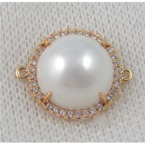 copper connector paved zircon, pearl, gold plated, approx 18mm dia [FDZN848]
