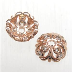 copper beadcaps paved zircon, rose gold, approx 12mm dia [FDZN8487]