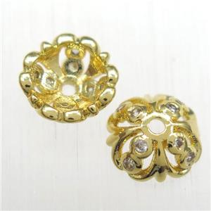 copper beadcaps paved zircon, gold plated, approx 12mm dia [FDZN8489]