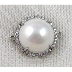 copper connector paved zircon, pearl, platinum plated, approx 18mm dia [FDZN849]
