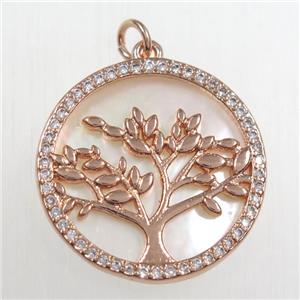 copper circle pendant paved zircon, tree of life, rose gold, approx 21mm dia [FDZN8496]