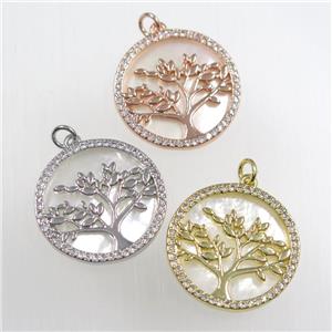 copper circle pendant paved zircon, tree of life, mix color, approx 21mm dia [FDZN8499]