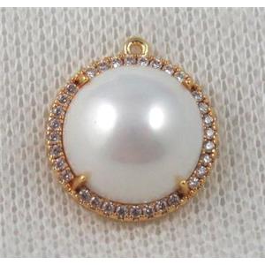 copper pendant paved zircon, pearl, gold plated, approx 18mm dia [FDZN850]
