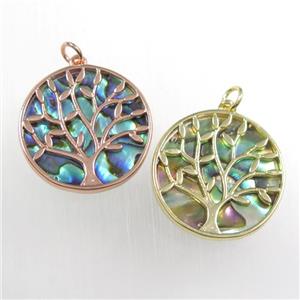 copper circle pendant with abalone shell, tree of life, mix color, approx 21mm dia [FDZN8502]