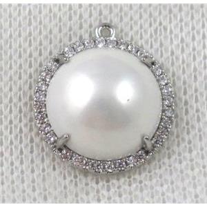 copper pendant paved zircon, pearl, platinum plated, approx 18mm dia [FDZN851]