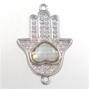 copper hamsahand connector paved zircon, platinum plated, approx 15-19mm [FDZN8514]