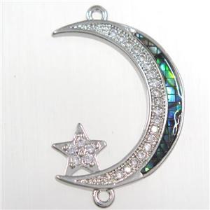 copper connector paved zircon with abalone shell, moon star, platinum plated, approx 20-25mm [FDZN8519]