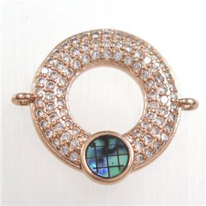 copper donut connector paved zircon with abalone shell, rose gold, approx 17mm dia [FDZN8523]