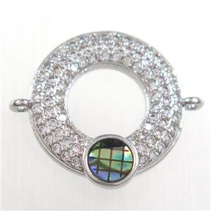 copper donut connector paved zircon with abalone shell, platinum plated, approx 17mm dia [FDZN8524]
