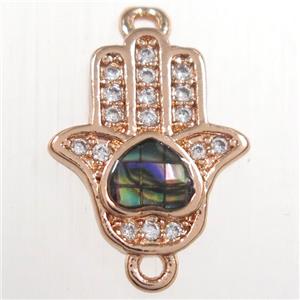 copper hamsahand connector paved zircon with abalone shell, rose gold, approx 10-12mm [FDZN8538]
