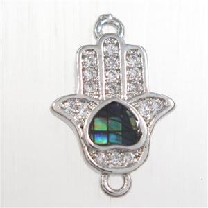 copper hamsahand connector paved zircon with abalone shell, platinum plated, approx 10-12mm [FDZN8539]