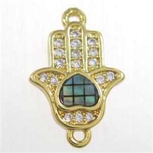 copper hamsahand connector paved zircon with abalone shell, gold plated, approx 10-12mm [FDZN8540]