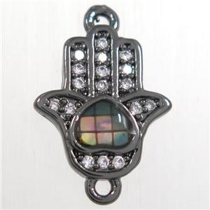 copper hamsahand connector paved zircon with abalone shell, black plated, approx 10-12mm [FDZN8541]