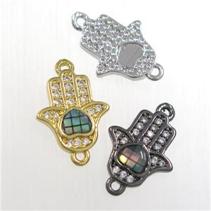 copper hamsahand connector paved zircon with abalone shell, mix color, approx 10-12mm [FDZN8542]