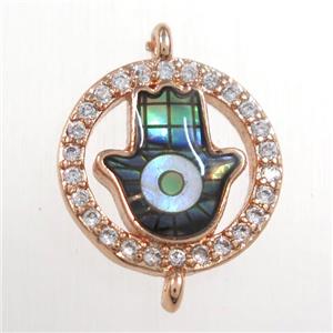 copper hamsahand connector paved zircon with abalone shell, rose gold, approx 12mm dia [FDZN8543]
