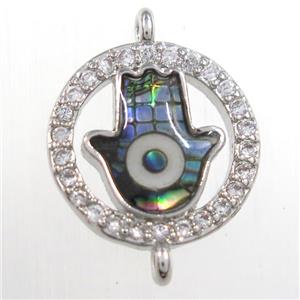 copper hamsahand connector paved zircon with abalone shell, platinum plated, approx 12mm dia [FDZN8544]