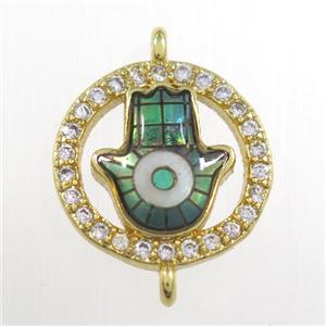 copper hamsahand connector paved zircon with abalone shell, gold plated, approx 12mm dia [FDZN8545]