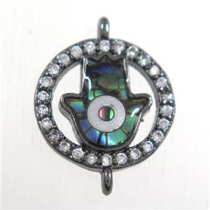 copper hamsahand connector paved zircon with abalone shell, black plated, approx 12mm dia [FDZN8546]