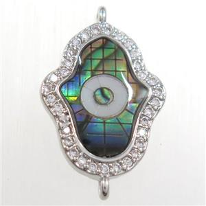copper hamsahand connector paved zircon with abalone shell, platinum plated, approx 13-18mm [FDZN8549]