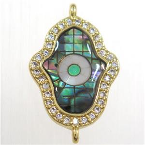 copper hamsahand connector paved zircon with abalone shell, gold plated, approx 13-18mm [FDZN8550]