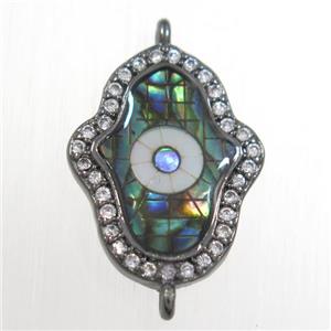copper hamsahand connector paved zircon with abalone shell, black plated, approx 13-18mm [FDZN8551]