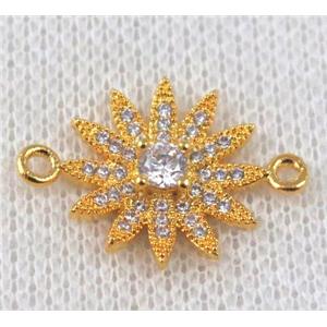 copper sunflower connector paved zircon, gold plated, approx 18-24mm [FDZN861]