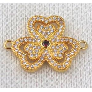 copper Clover connector paved zircon, gold plated, approx 18-24mm [FDZN865]
