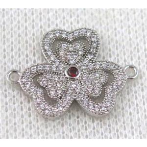 copper Clover connector paved zircon, platinum plated, approx 18-24mm [FDZN866]