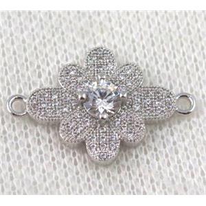 copper flower connector paved zircon, platinum plated, approx 18-25mm [FDZN867]
