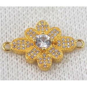 copper flower connector paved zircon, gold plated, approx 18-25mm [FDZN868]