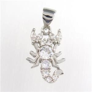 copper Scorpio pendant paved zircon, platinum plated, approx 11-15mm [FDZN8700]