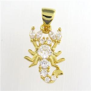 copper zodiac Scorpio pendant paved zircon, gold plated, approx 11-15mm [FDZN8701]
